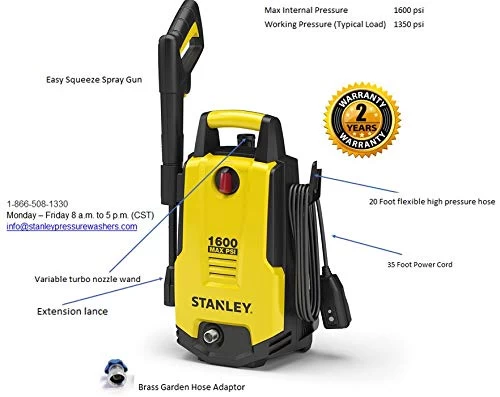 Stanley SHP1600 1600 Psi Electric Pressure Washer With Vari-Spray Nozzle, Wand, Spray Gun, 20′ Hose & Detergent Bottle… 2 Stanley SHP1600 1600 Psi Electric Pressure Washer With Vari-Spray Nozzle, Wand, Spray Gun, 20′ Hose & Detergent Bottle… - Image 2