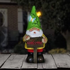 Exhart Solar Gardening Gnome Statue, LED Flower Hat, Durable Hand-Painted Resin Garden Décor, 5″x10″