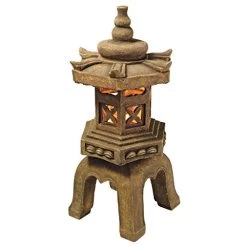 Design Toscano Sacred Pagoda Lantern Asian Decor Garden Statue, 69 Cm, Polyresin With LED Light, Aged Stone