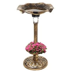 Best Choice Products Solar Lighted Pedestal Bird Bath Fountain W/Planter, Integrated Panel – Bronze