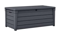Keter Brightwood 120 Gallon Resin Large Deck Box For Patio Garden Furniture, Outdoor Cushion Storage, Pool Accessories…