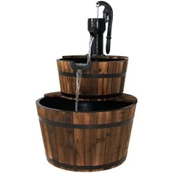 Sunnydaze Wood Barrel Outdoor Water Fountain With Hand Pump – 2-Tier Large Outside Cascading Waterfall Fountain Feature…