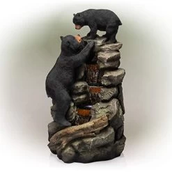 Alpine TZL178 Mom And Bear Cub Climbing Waterfall Fountain With LED Lights, 36β³ Tall
