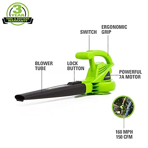 Greenworks 24012 7 Amp 160 MPH Single Speed Corded Blower 2 Greenworks 24012 7 Amp 160 MPH Single Speed Corded Blower - Image 2