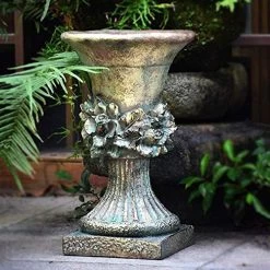 Roman Cast Stone Ornate Rose Decor High Urn Planter Flower Plant Pot Vase Garden Deco Greek Figurine