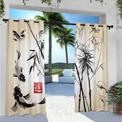 Patio Curtain Vintage Nature Bamboo Leaf And Cute Birds On Branches Floral Animal Print Anti-Uv Windproof Curtains For…