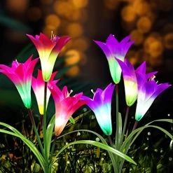 Solar Lights Outdoor – New Upgraded Solar Garden Lights， Multi-Color Auto-Changing 8 Bigger Lily Flower Decorative…