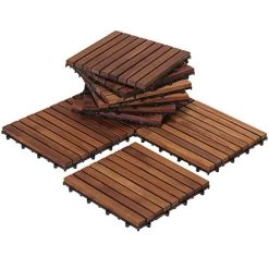 Bare Decor EZ-Floor Interlocking Flooring Tiles In Solid Teak Wood Oiled Finish Set Of 10, Long 9 Slat