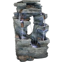 Sunnydaze Dual Cascading Rock Falls Outdoor Water Fountain With LED Lights & Electric Submersible Pump – Patio Lawn…