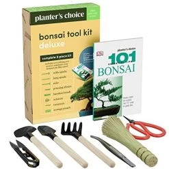 Premium Bonsai Tool Kit + Bonsai 101 Book – Set Includes: Wooden Rake, Long & Wide Spades, Scissors, Tweezers, Bamboo…