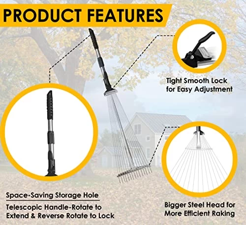 CLEARNEXT 63.5 Inch Telescopic Handle And Adjustable Width Heavy Duty Garden Leaf Rake – Lightweight Metal Rake For… 3 CLEARNEXT 63.5 Inch Telescopic Handle And Adjustable Width Heavy Duty Garden Leaf Rake – Lightweight Metal Rake For… - Image 3