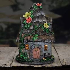 Exhart Twigs Roof Fairy House Outdoor Decor – Fairy Cottage Resin Statue With Solar Garden Lights, Miniature Fairy Hut…