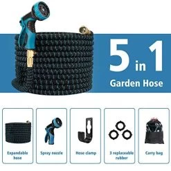 Gpeng Garden Hose , Expandable Water Hose 100 Ft With 10 Function Nozzle ,Triple Core Latex And 3/4″ Solid Brass Fittings , Lightweight Kink Free Retractable Collapsible Gardening Flexible Hose Pipe (Blue) -Garden Supply Store 51VD49ZmMgL