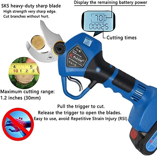 K KLEZHI 1.2Inch/30mm Professional Sharp Cordless Electric Pruning Shears,2PCS Backup Rechargeable 2Ah Lithium Battery… 4 K KLEZHI 1.2Inch/30mm Professional Sharp Cordless Electric Pruning Shears,2PCS Backup Rechargeable 2Ah Lithium Battery… - Image 4