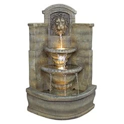 Water Fountain With Halogen Light – 3 Foot Tall Saint Remy Lion Garden Decor Corner Fountain – Outdoor Water Feature