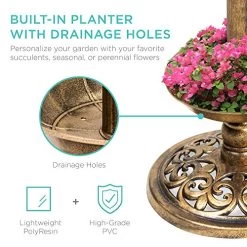 Best Choice Products Solar Lighted Pedestal Bird Bath Fountain W/Planter, Integrated Panel – Bronze -Garden Supply Store 51tjKk9kPML