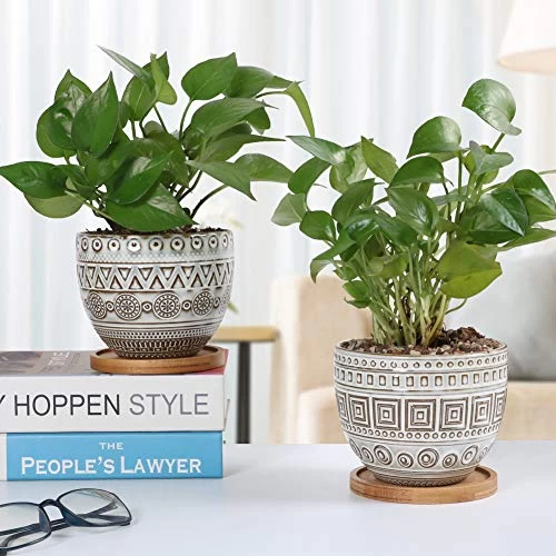 5.5in Geometry Ceramic Planter Large Round Succulent Planter Flower Pot Indoor And Outdoor Brown Set Of 2 5 5.5in Geometry Ceramic Planter Large Round Succulent Planter Flower Pot Indoor And Outdoor Brown Set Of 2 - Image 5