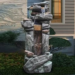 LISTOS’ Outdoor Water Fountain | 5-Tier Floor Water Fountain | 40.15″ Garden Fountain Decor With White LED Light, Perfect For Patio Yard Garden Lawn (5-POTS)