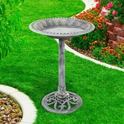 Pure Garden 50-LG1073 Antique Bird Bath-Weather Resistant Resin Birdbath With Vintage Scroll Design, 3 Ground Stakes For…