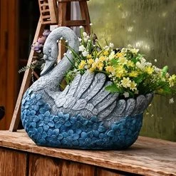 Blue Swan Shape Large Plant Pot Hand Cast Stone Embossed Flower Garden Ornament Heavy Flower Planter Basket Decor…