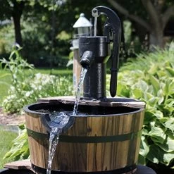 Sunnydaze Wood Barrel Outdoor Water Fountain With Hand Pump – 2-Tier Large Outside Cascading Waterfall Fountain Feature… -Garden Supply Store 61pXB2rT85L